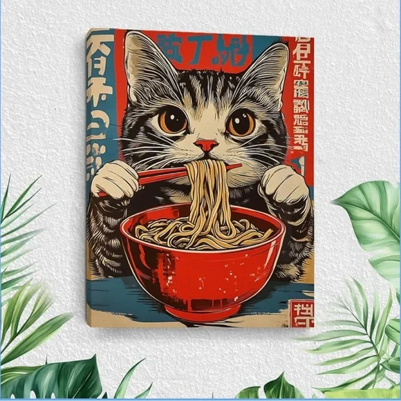 SOLD Cat Eating Ramen Canvas Art Decor - Picture 2 of 3